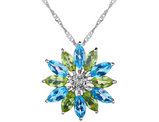 Blue Topaz, Peridot Pendant Necklace with Diamond 2.1 Carat (ctw) in Sterling Silver with Chain